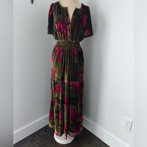 Anthropologie Pink and Green Velvet Maxi Dress